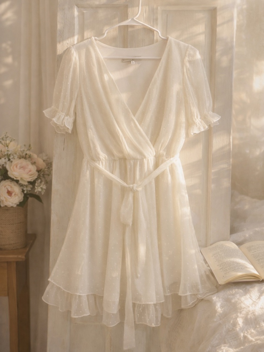 White Swiss Dot Cottagecore Dress Puff Sleeve Tie Waist Bridal L Allison & Kelly - Picture 2 of 10